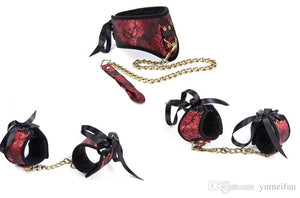 Luxury BDSM Leather Silky Lace Up Neck Posture Collar with Chain Leash Punk Bondage Fetish +Wrist & Ankle Cuffs