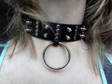 Gothic Black Leather Collar o Ring with Spikes